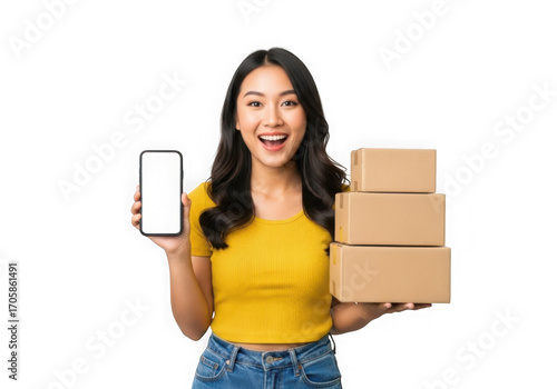 Excited asian woman holds smartphone and stack of delivery boxes ready for shipping transparent background