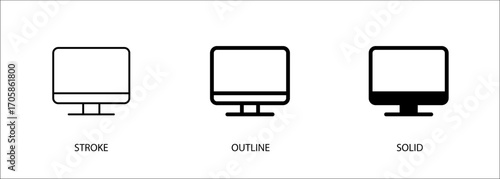 Computer icon for desktop, information technology. Vector stroke, outline and solid icons. Eps10 file.