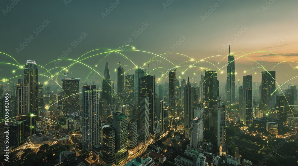 Obraz premium sTwilight in the Smart digital Innovation city with connection network reciprocity over the cityscape. of future smart wireless digital city and social media networking systems that connects people