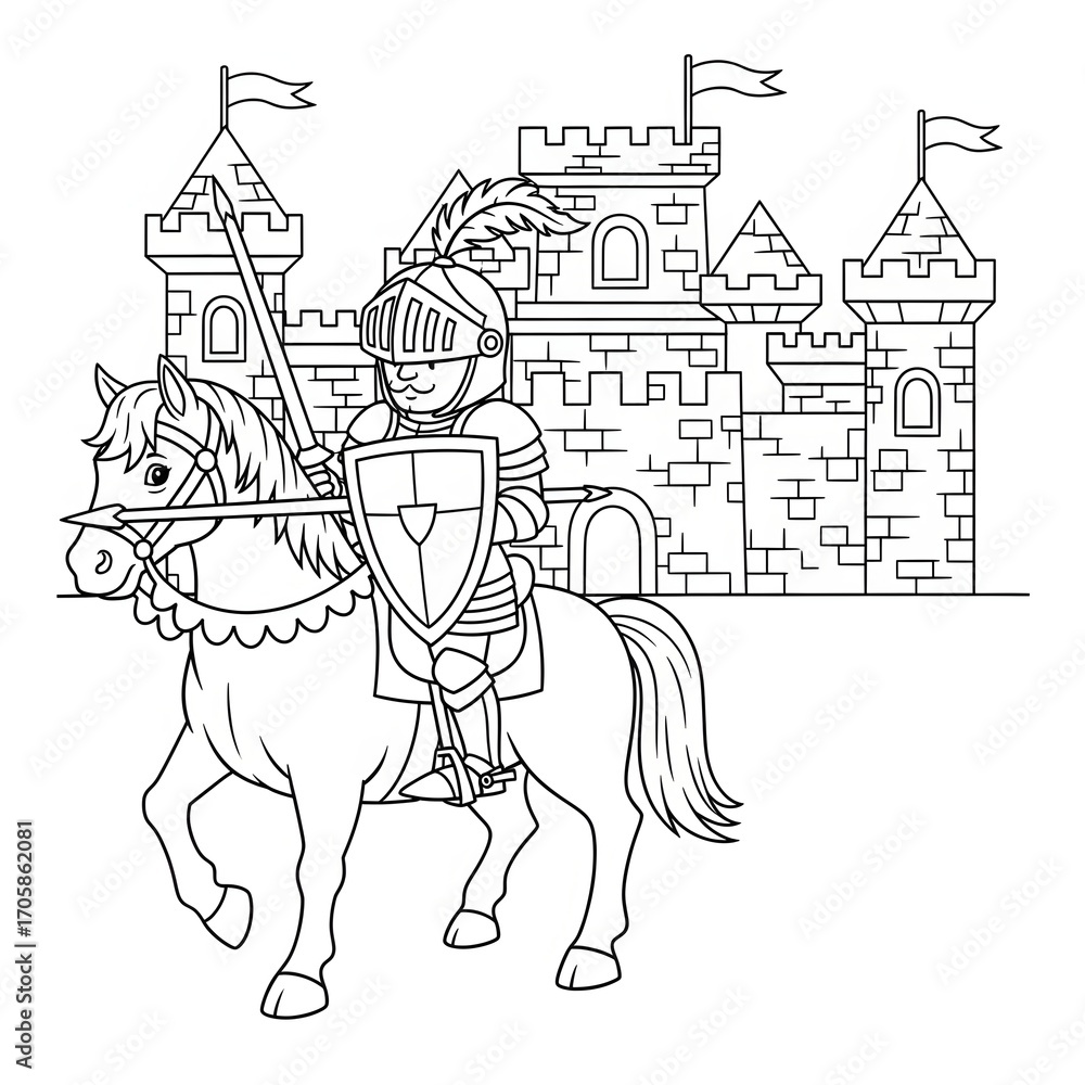 Fototapeta premium Medieval knight on horseback with a castle. Historical fairy tale and fantasy adventure. A brave knight in armor riding a horse.