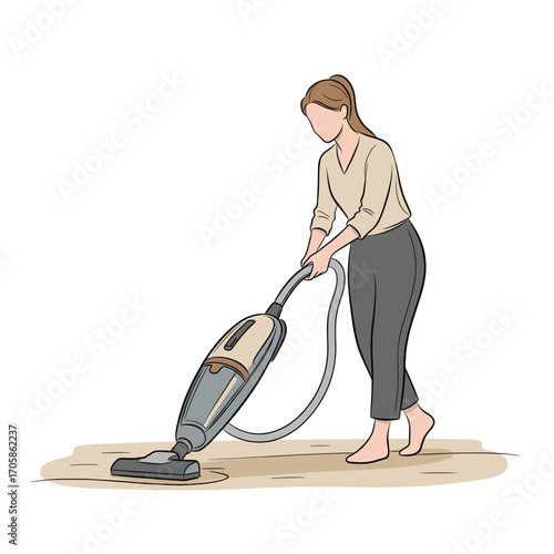 A woman vacuuming the floor with a vacuum cleaner