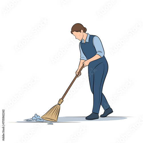 A woman in a uniform sweeping a floor with a broom