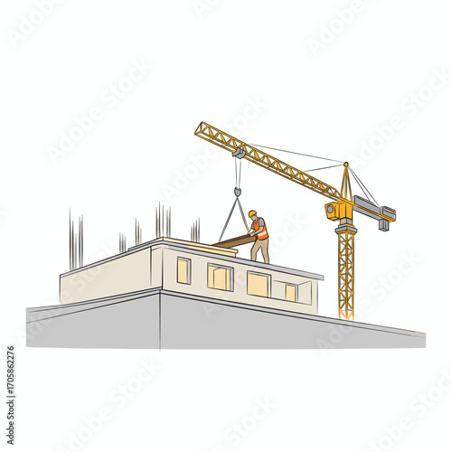 A builder working with a crane on a house under construction