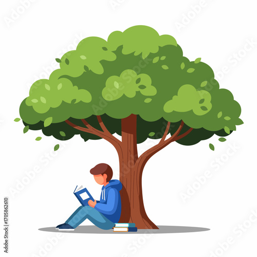 A young person is sitting under a tree, reading a book, enjoying leisure time outdoors.