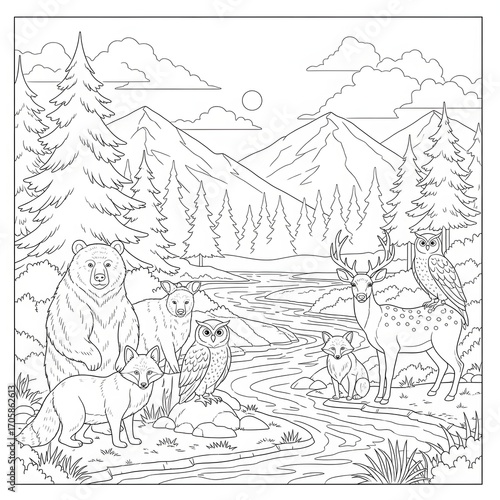Forest animals in a mountain landscape. North American wildlife and nature scene. A bear, deer, fox, and owl by a river.