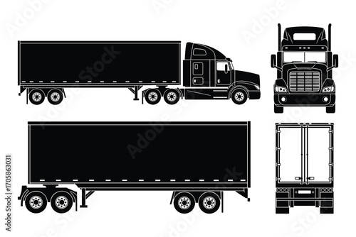 Black Semi Truck Trailer Side Front Rear Views Silhouette Vector Illustration