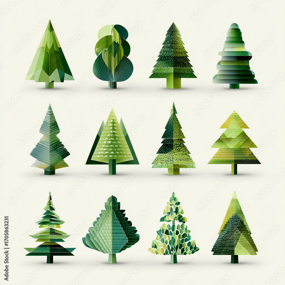 Obraz premium Collection of stylized green paper trees in various shapes and sizes