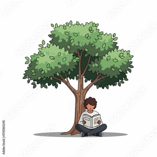 A person with dark skin is sitting under a tree, reading a book, enjoying leisure time.