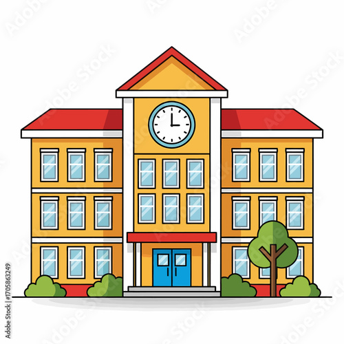 Illustration of a school building with a clock tower, windows, and a red roof, with trees and bushes.