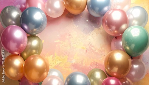 Bright colorful balloons with shiny surfaces floating round party celebration decoration on plain colorful background
