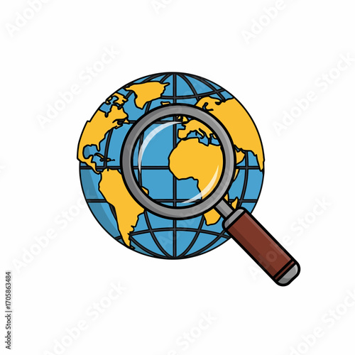 A globe with continents highlighted in yellow, viewed through a magnifying glass.