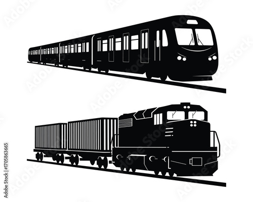 Black Silhouette of Passenger Train and Cargo Train, Vector Illustration