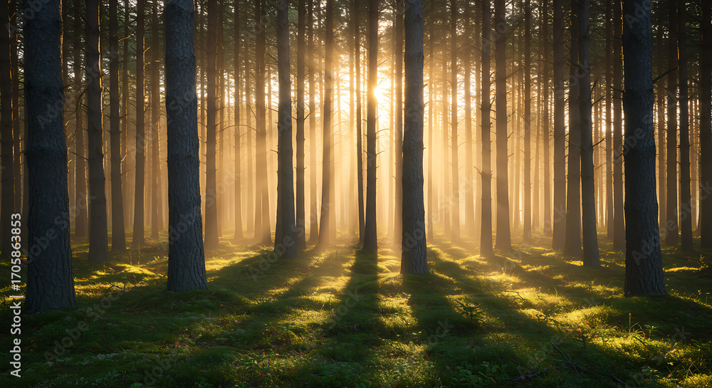 Fototapeta premium Beautiful golden sunbeams shine through a misty pine forest, casting long, dramatic shadows and creating a magical and serene atmosphere.