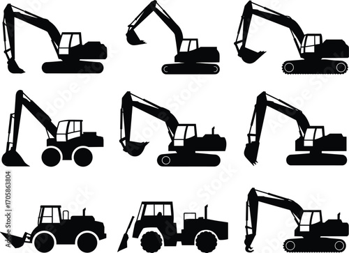 Construction excavator silhouettes, backhoe loader, front loader, heavy machinery, earthmoving equipment, industrial icons, building site, engineering, roadwork, 