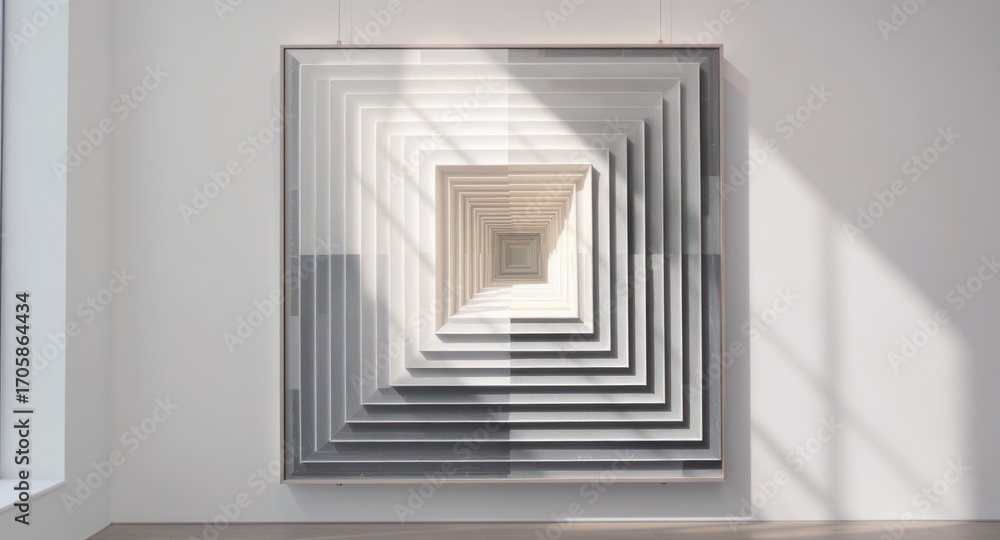 Fototapeta premium Square abstract art with layered, receding perspective in shades of gray