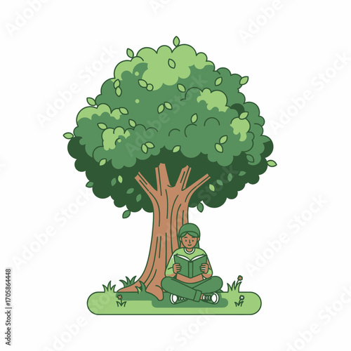 Illustration of a person sitting under a tree, reading a book, enjoying nature and leisure time.