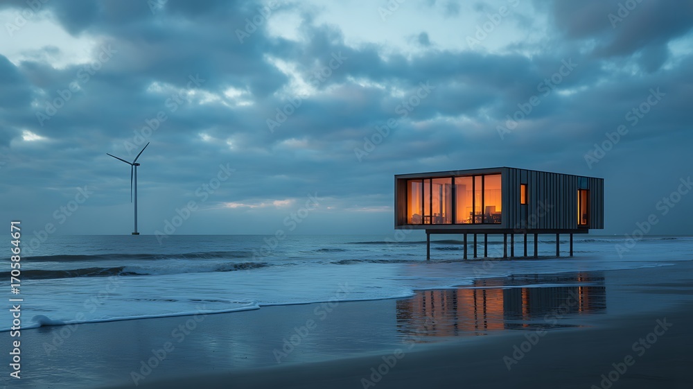 Fototapeta premium Modern beach house with illuminated windows on a stormy coast