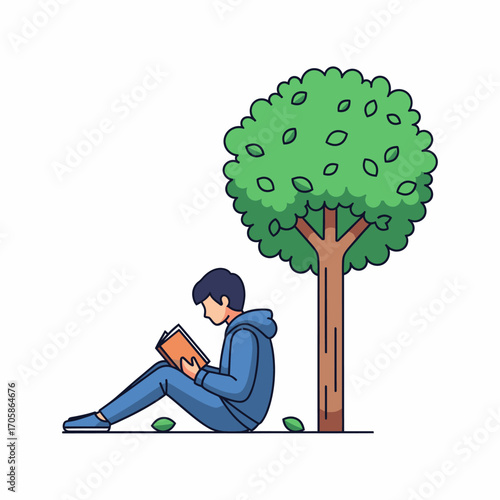 A person is sitting under a tree, reading a book, enjoying leisure time in nature.