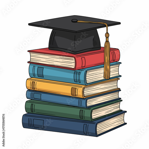 A stack of colorful books with a graduation cap on top, symbolizing education and learning.