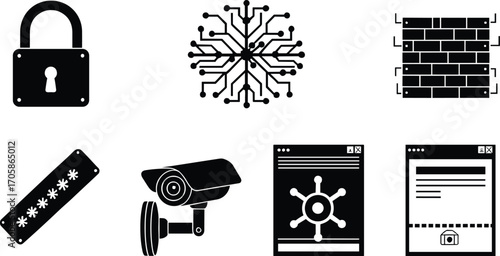 Cybersecurity icons, padlock, firewall, password protection, surveillance camera, secure browser, encryption, data protection, online security, privacy, network safety, vector illustration set