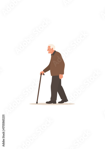 Siluet vektor pria lanjut usia berjalan dengan tongkat, simbol penuaan, pensiun, dan konsep perawatan kesehatan