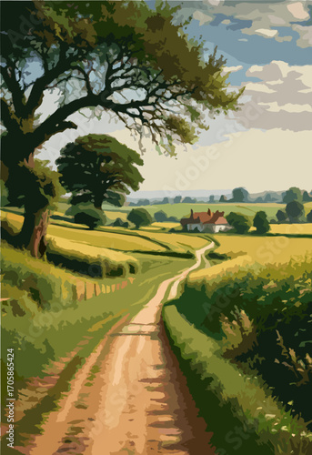 Dirt road between grassy fields