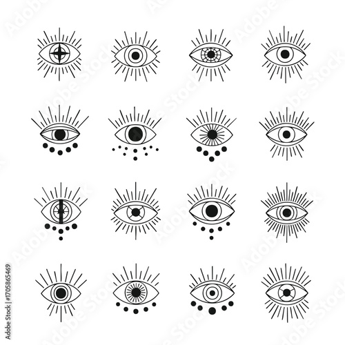 Collection of handdrawn mystical allseeing eye symbols with sunbursts and esoteric details.