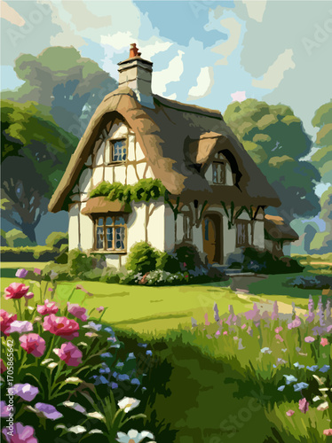 Fairy-tale cottage surrounded by blooming garden