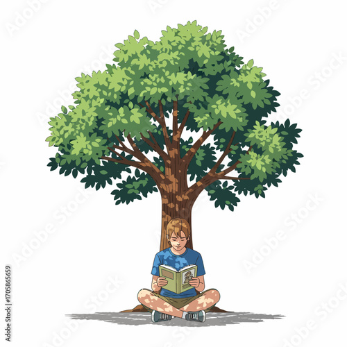 A young person sits cross-legged under a large tree, reading a book.