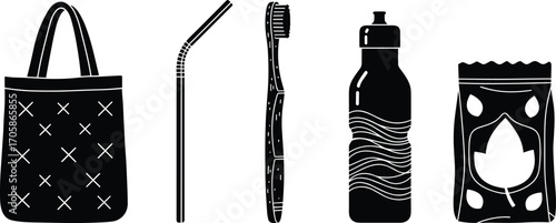 Eco friendly reusable items, shopping bag, straw, toothbrush, water bottle, biodegradable package, zero waste lifestyle, sustainability, plastic free, vector illustration