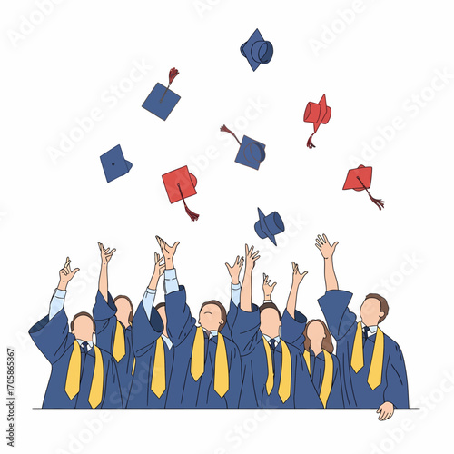 Group of graduates celebrating with caps in the air.