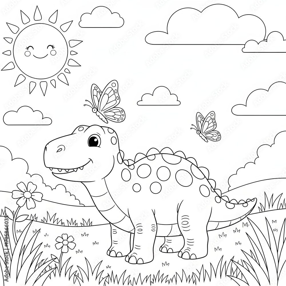Obraz premium A friendly dinosaur in a sunny meadow. Cute prehistoric animal for children's coloring. A happy cartoon dinosaur with butterflies and flowers.