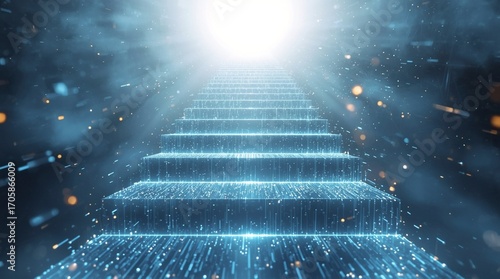 Abstract futuristic glowing staircase rising into radiant light, digital neon steps in cyberspace, sci-fi vision of ascension, virtual technology background with luminous energy particles