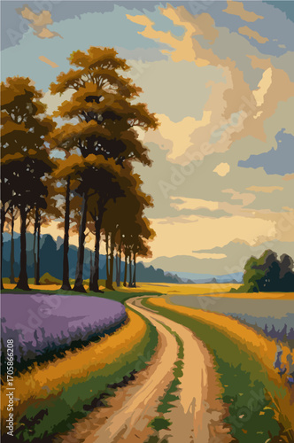 Lavender fields stretching under golden sky