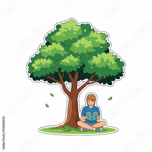 Person reading a book under a large tree.