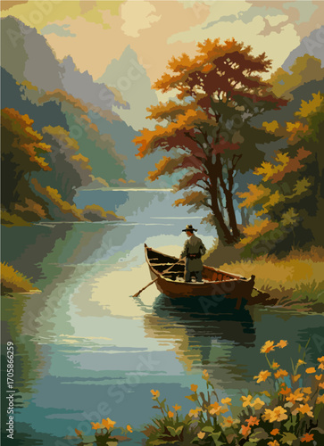 Man fishing on quiet lake