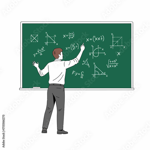 Male teacher or professor writing complex mathematical formulas and geometric diagrams on a green chalkboard.
