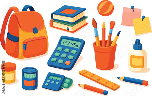 Colorful cartoon illustration set of various educational items and stationery for learning and student life