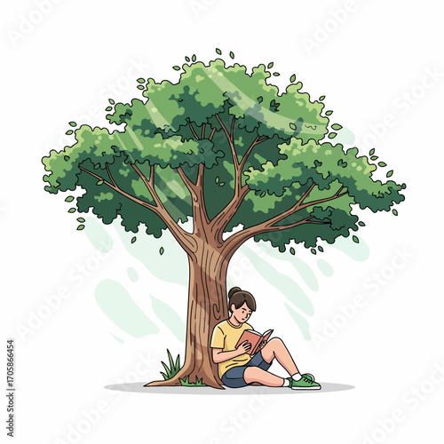 A young person sits peacefully under the shade of a large, leafy tree, engrossed in reading a book.