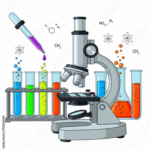 A detailed illustration of scientific laboratory equipment including a microscope, colorful test tubes, a dropper, and chemical formulas.