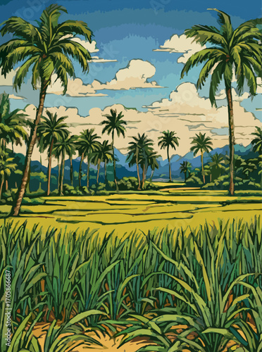 Rice field surrounded by tropical palms