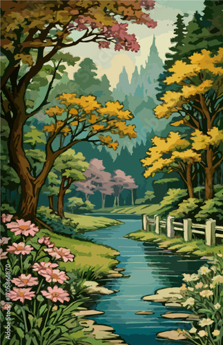 Small stream with blooming flowers