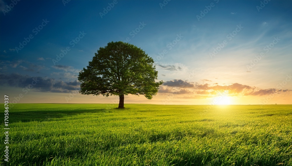 Fototapeta premium Beautiful Big Tree Alone In Vast Open Field Lush Green Grass Serene Sunset Peaceful Atmosphere Nature Landscape Tranquil Scene