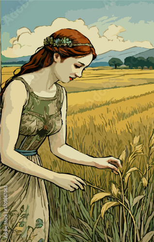 Woman harvesting wheat in field.ai