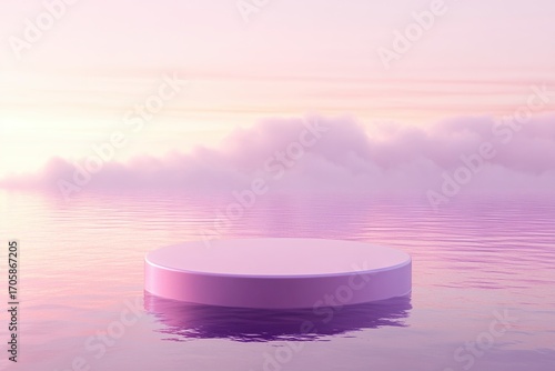 Minimalist pastel platform floating on calm water, surrounded by soft purple and pink clouds with tranquil reflections, perfect for modern product display or creative mockup