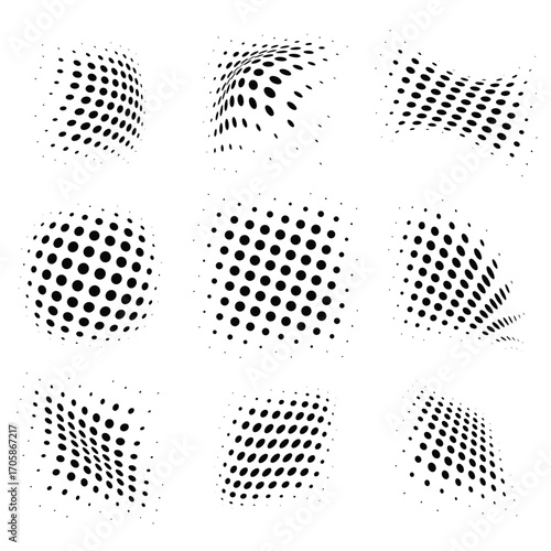 Abstract halftone dot pattern with wavy gradient shapes, dotted texture curves, and smooth dot wave elements, including organic deformations and geometric twists. Dotted shapes vector set.
