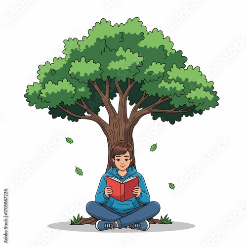 A person sitting under a tree, reading a book.