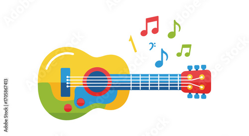 Schilderij op canvas Colorful Cartoon Ukulele with Musical Notes Illustration.