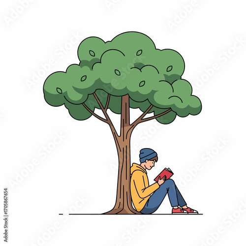 A young person is sitting under a tree, engrossed in reading a book, enjoying the shade.