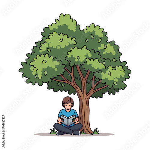 Person reading a book under a tree illustration.